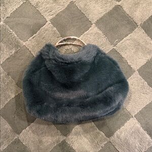 Faux Fur Handbag with Gold Top Handle - Dark Green